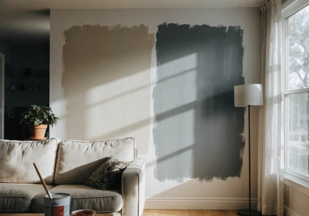 Warm gray versus cool gray paint swatches on a living room wall