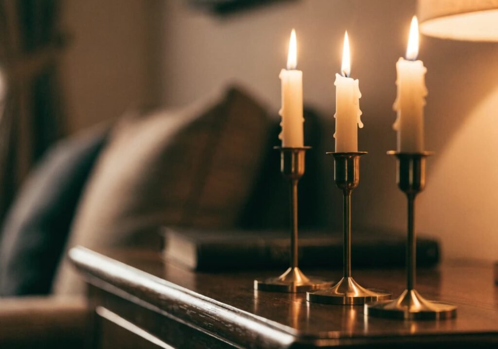 Taper candles in brass holders creating warm bedroom ambiance