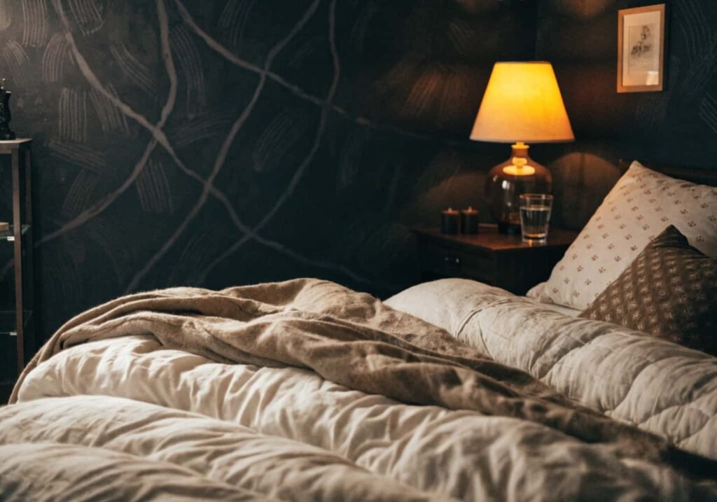 Custom hand-painted charcoal line pattern over a black bedroom accent wall for a personal touch.