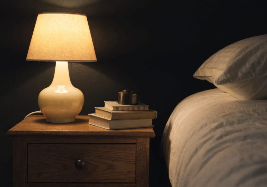 Nightstand styled with light-colored decor items against a black feature wall.