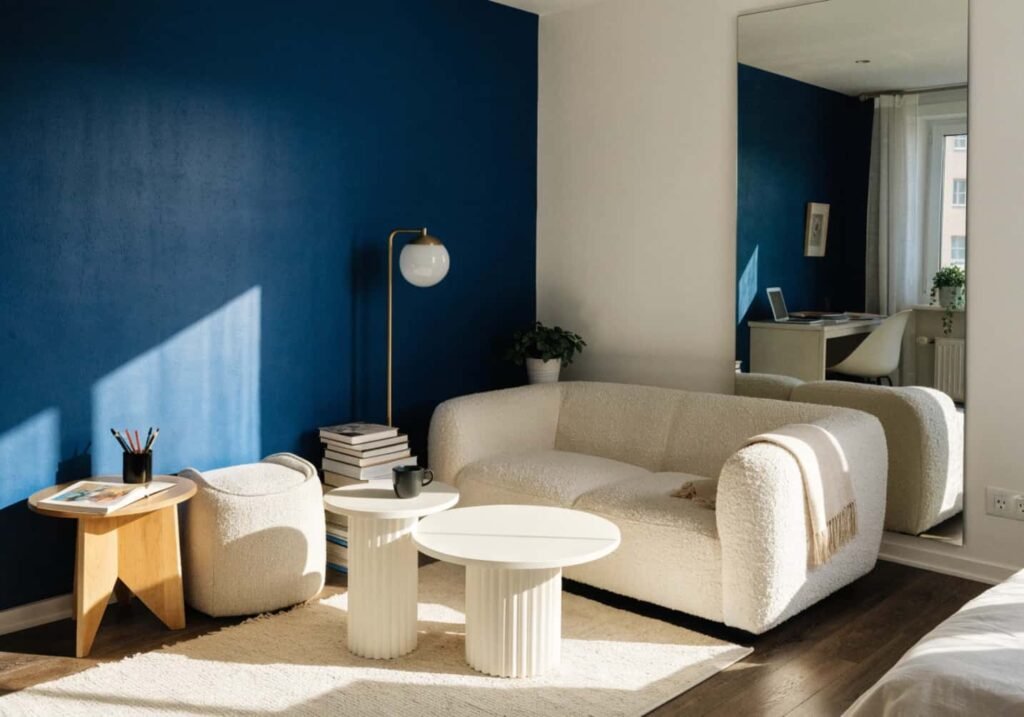 Small studio living room with navy blue accent wall and mirror
