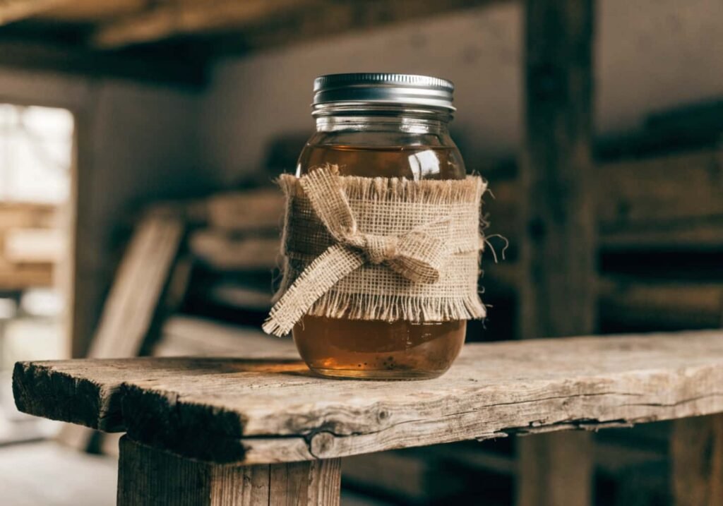 Rustic mason jar wrapped in twine and burlap with a bow for fall decor