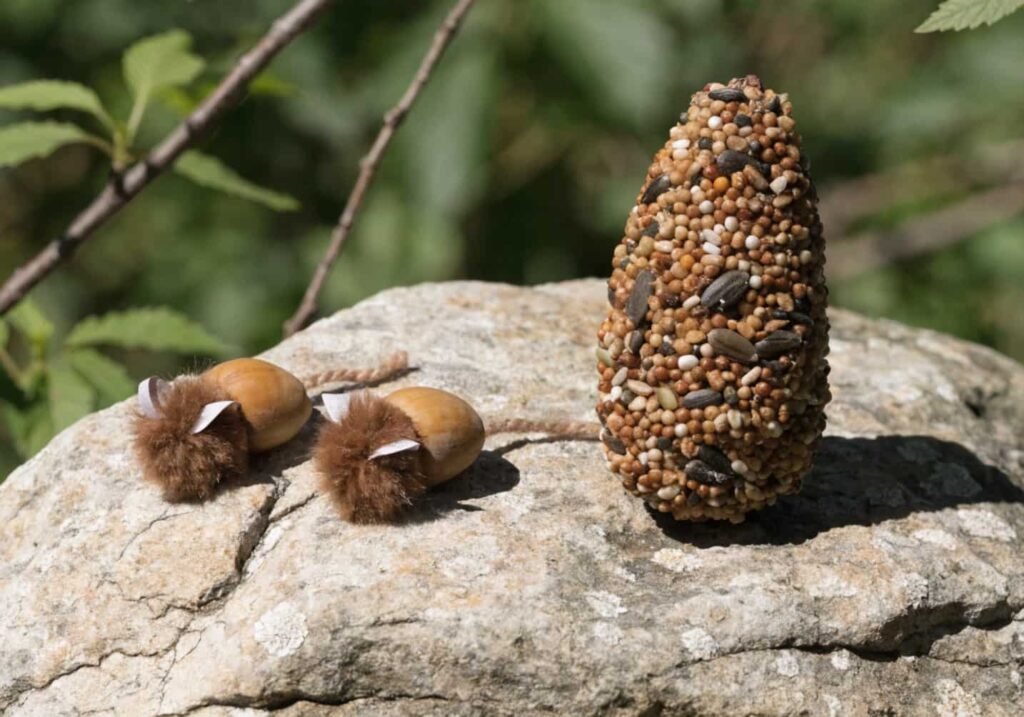 Acorn mouse crafts and a pinecone birdseed feeder made for a fall nature craft activity.