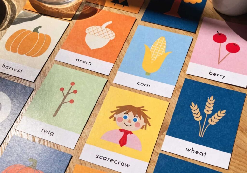 Fall vocabulary flashcards with illustrated words for kindergarten students