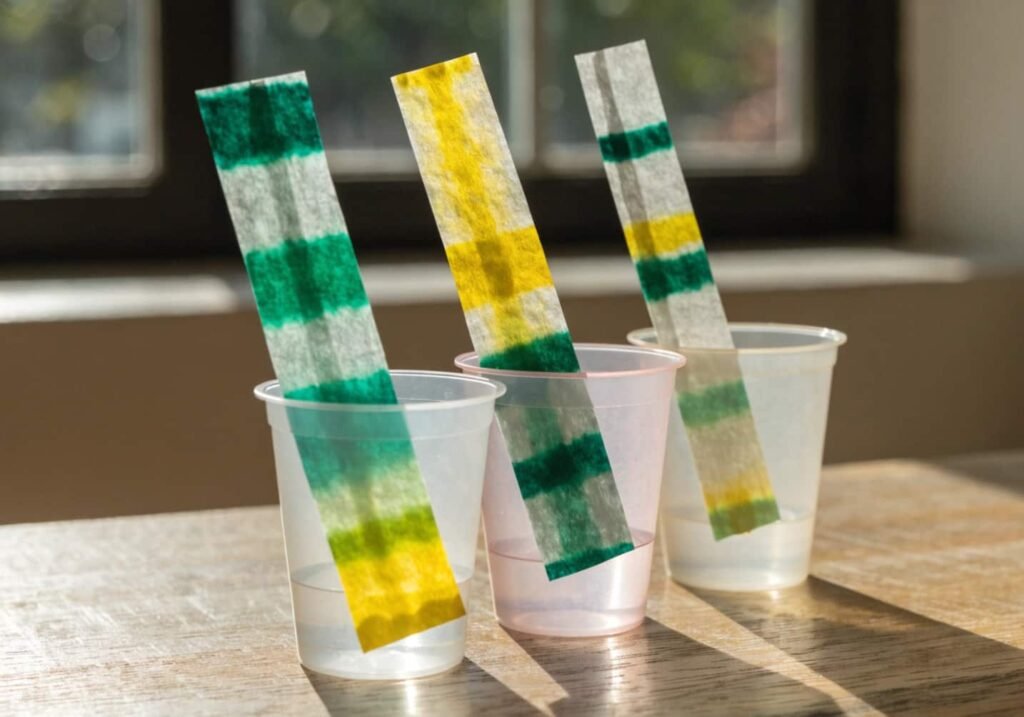Coffee filter chromatography strips showing separated leaf pigments in a kindergarten science activity