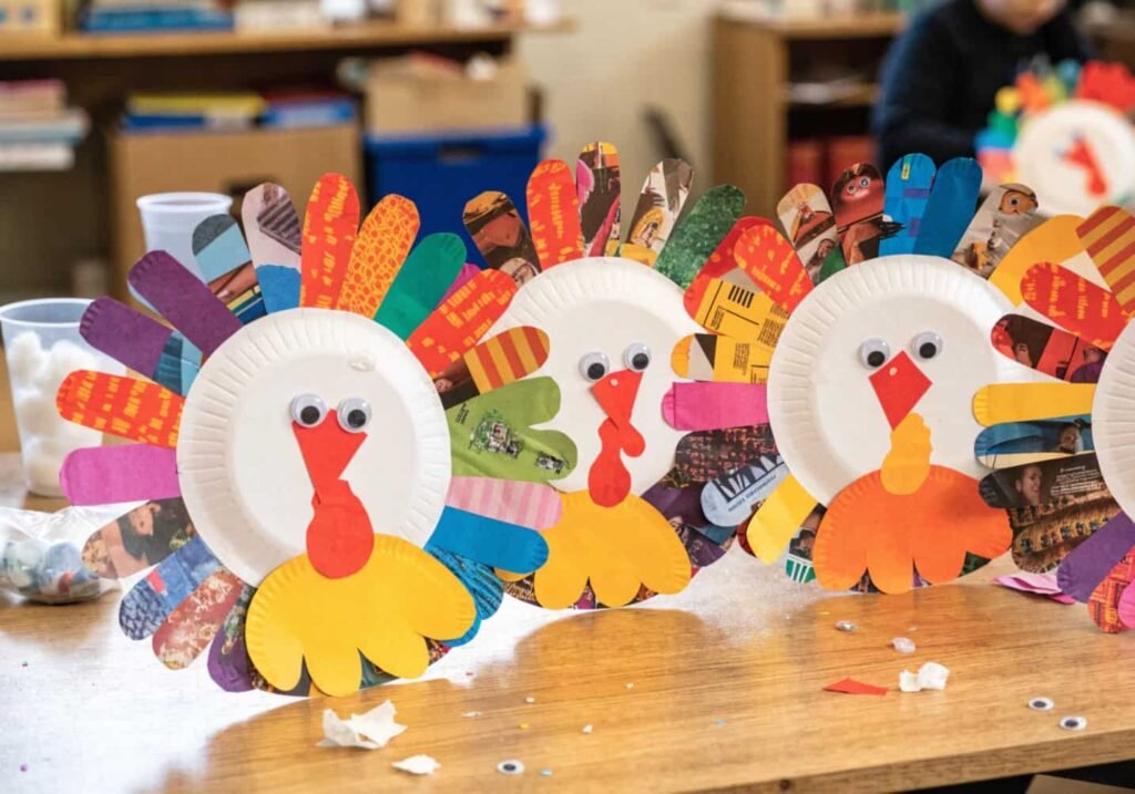 Paper plate turkey craft with magazine paper feathers for kindergarten