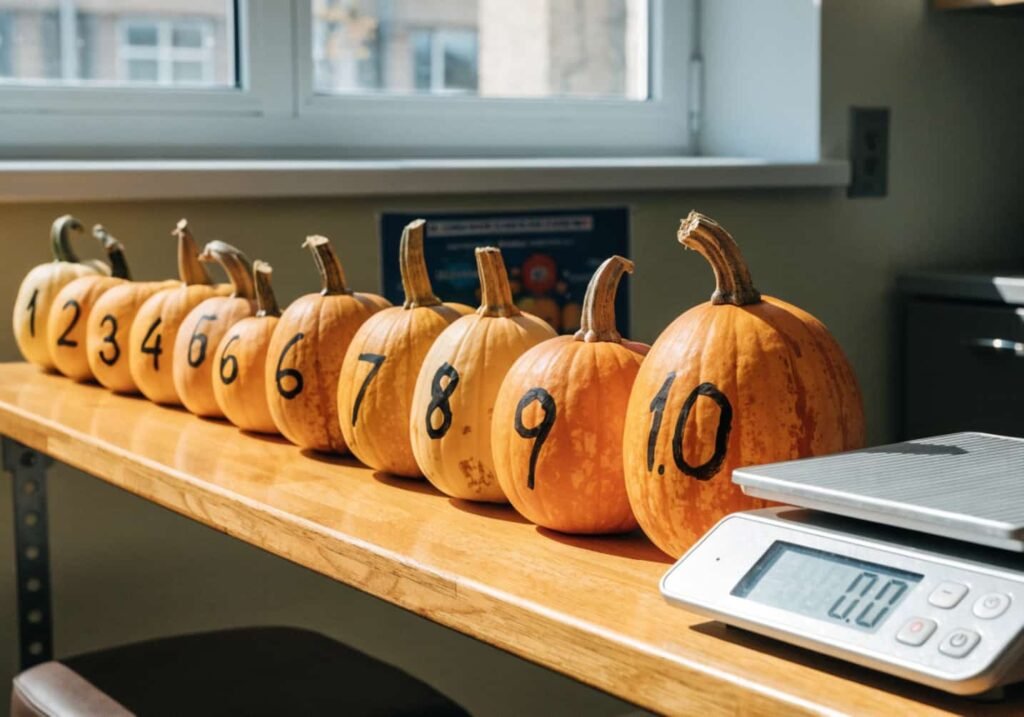 Numbered mini pumpkins arranged in size order for a kindergarten math activity.