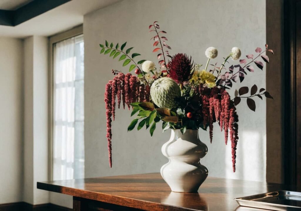 Minimal decor with one large floral centerpiece on a backyard reception table.