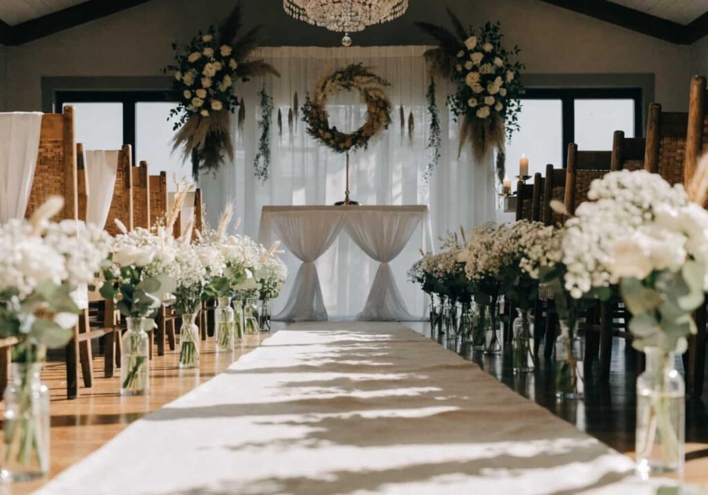 Decorated wedding aisle with floral bud vases and fabric runner