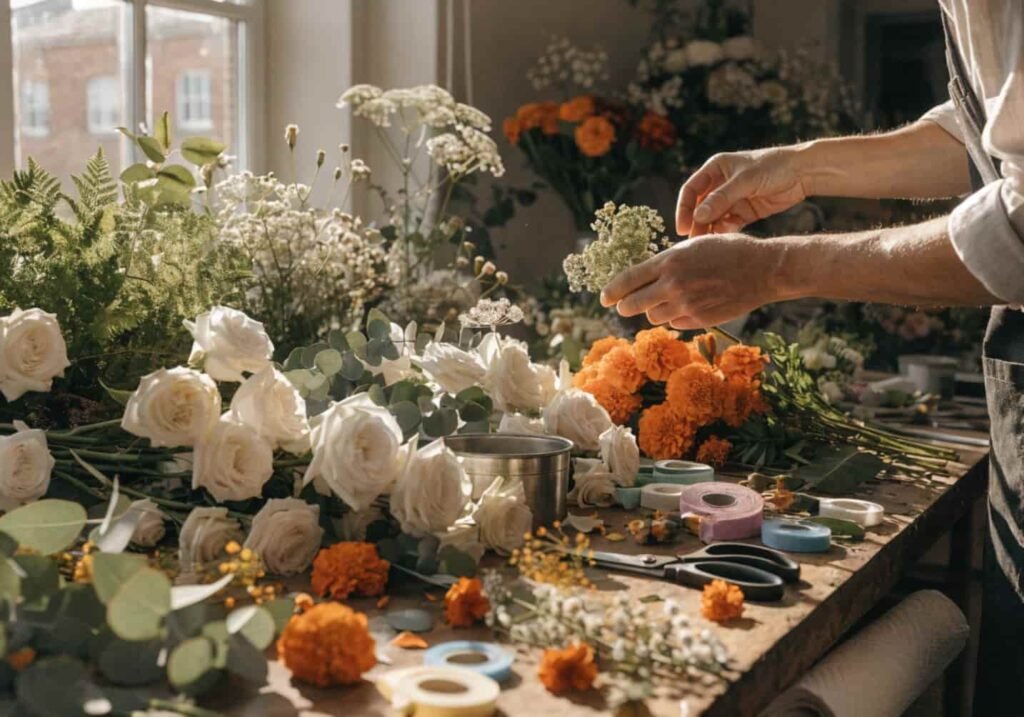 resh seasonal flowers being arranged for wedding decor