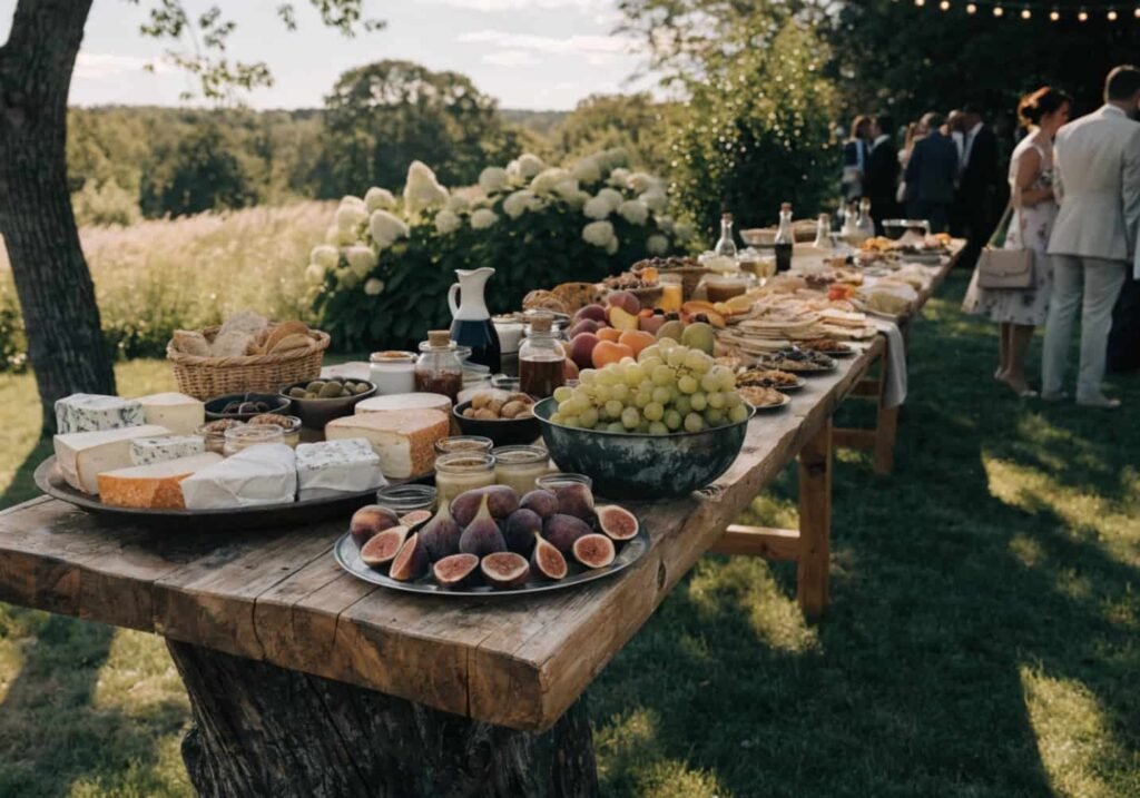 DIY grazing table food station at a casual backyard wedding.