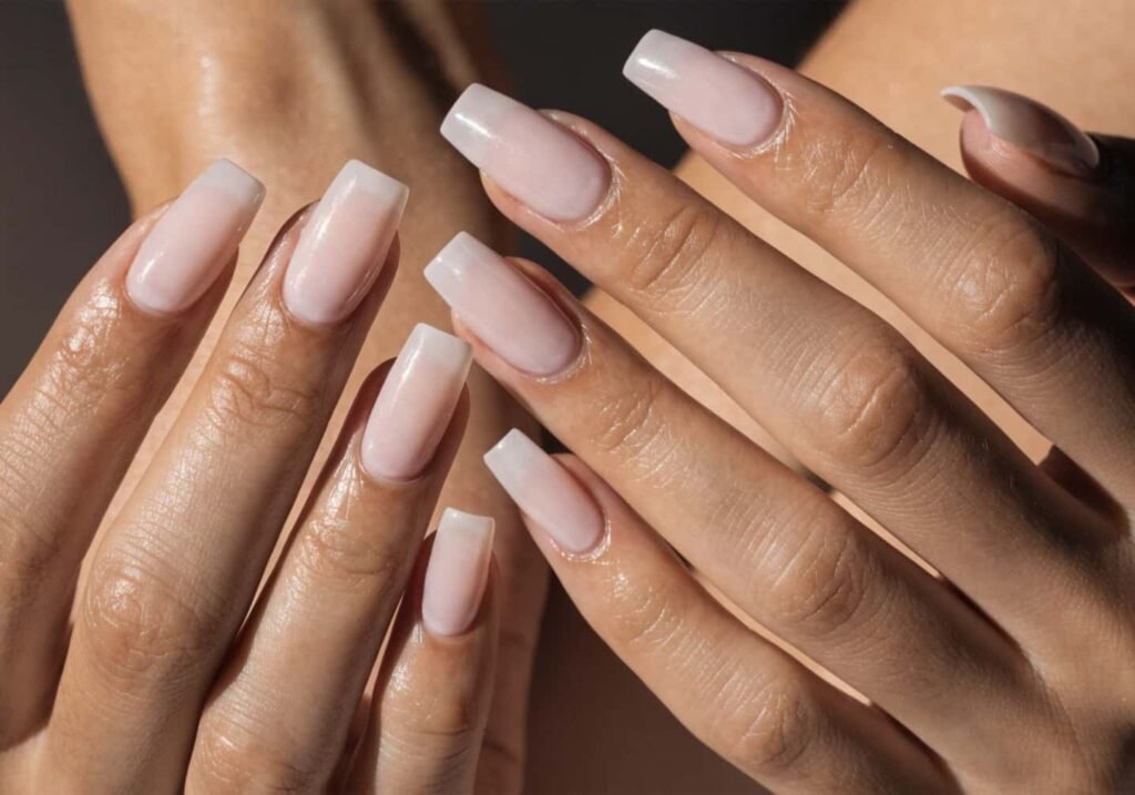 Nude coffin shape acrylic nail set shown in close-up
