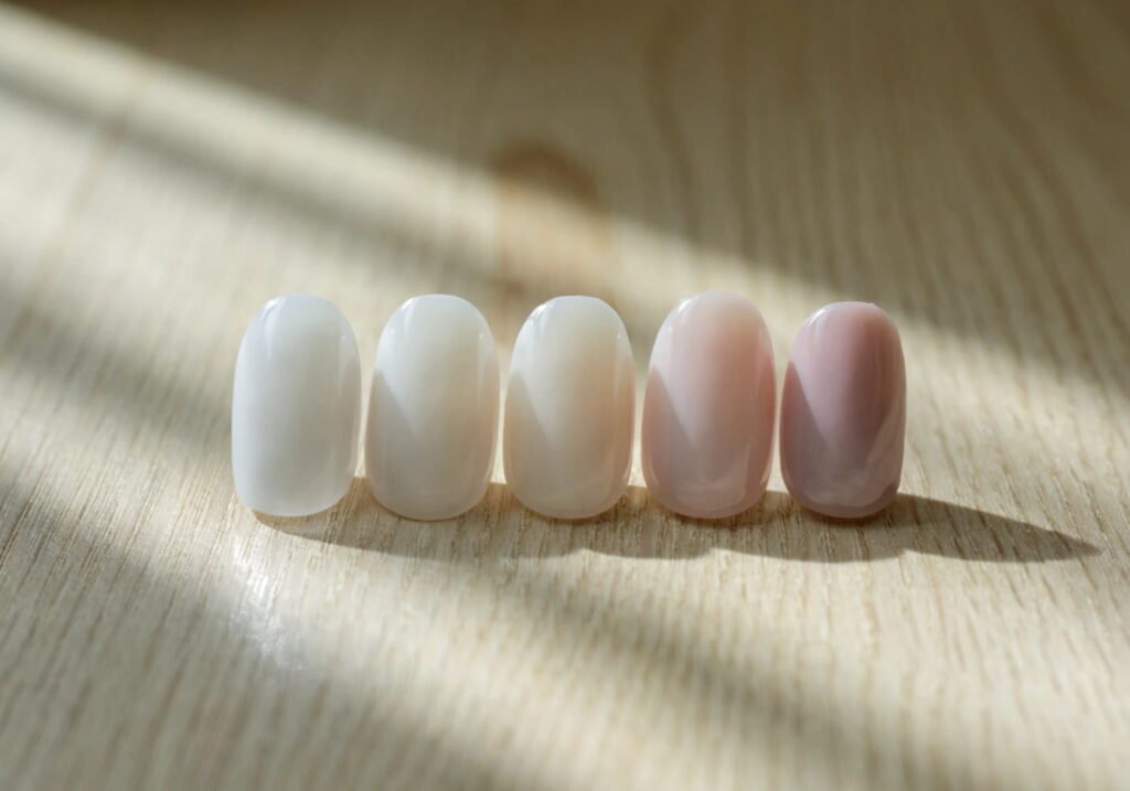 Tonal manicure showing a gradient from milky white to mauve across five nails.