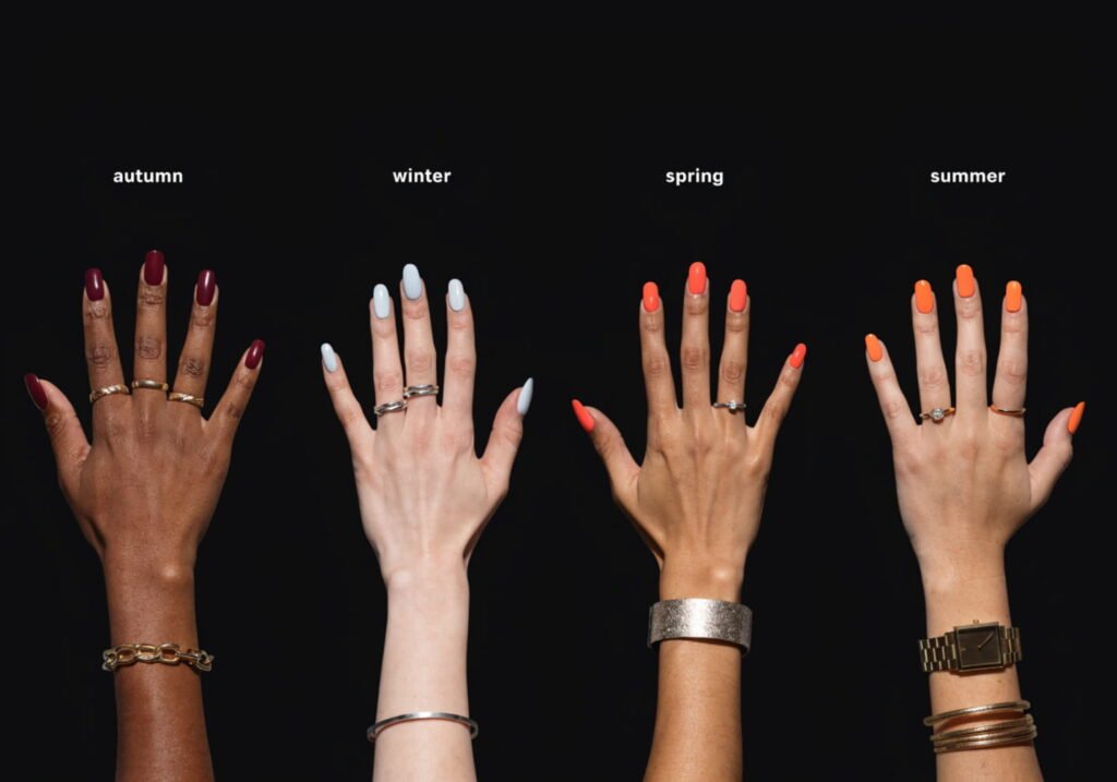 Four seasonal nail color palettes shown side by side from autumn to summer