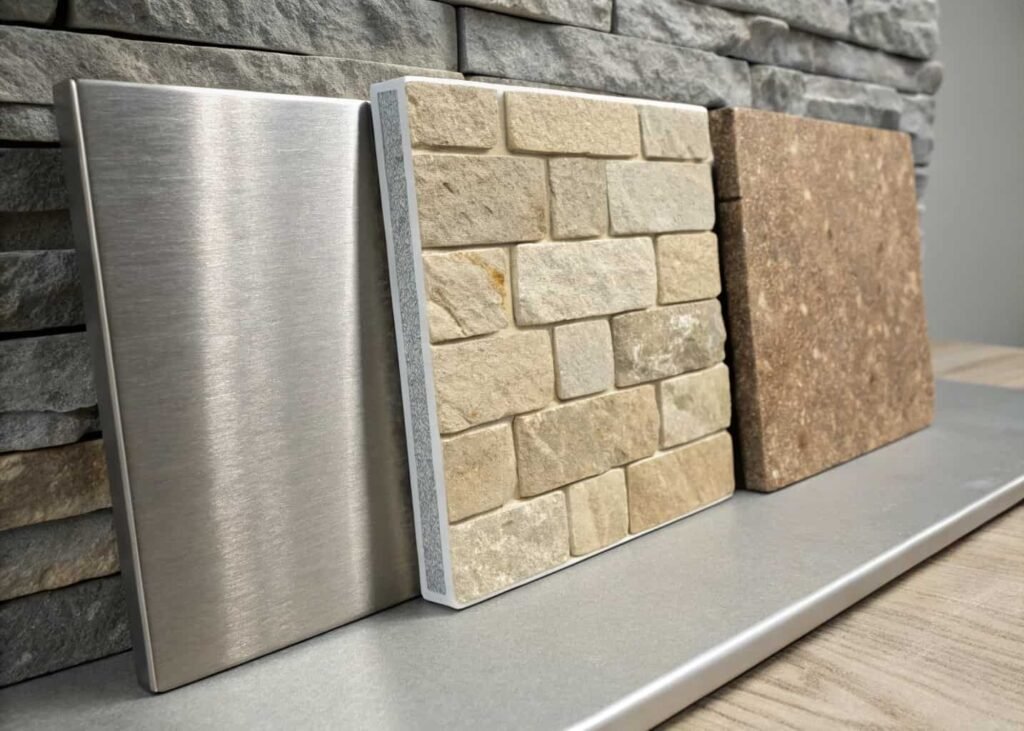 Material samples for grill station construction including stone veneer, stainless steel, and sealed concrete
