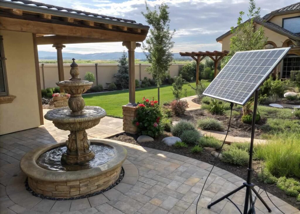 Solar fountain positioned in a shaded garden bed with its solar panel mounted separately in direct sunlight