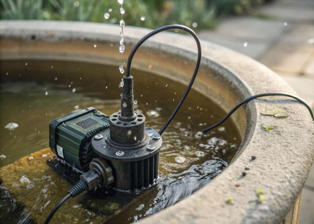 Submersible fountain pump inside a water basin