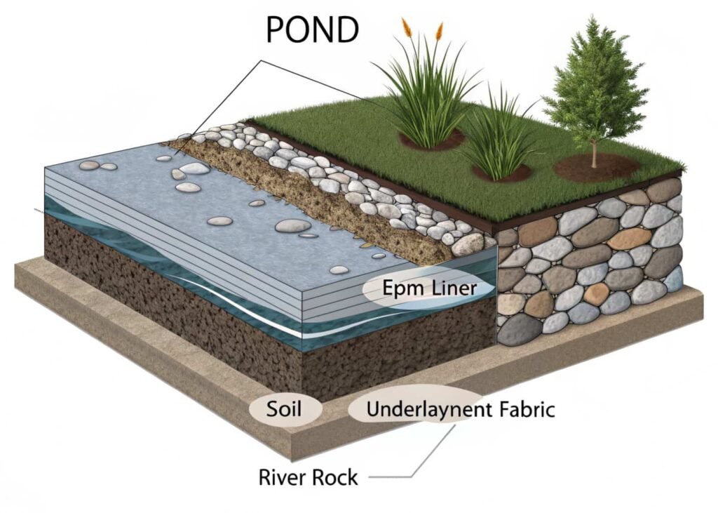 Cross-section diagram of pond liner layers including underlayment and EPDM rubber liner.
