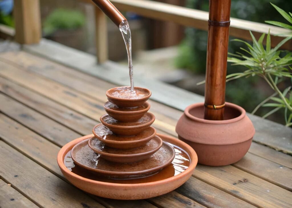 Tabletop DIY fountain with terracotta saucers and copper pipe