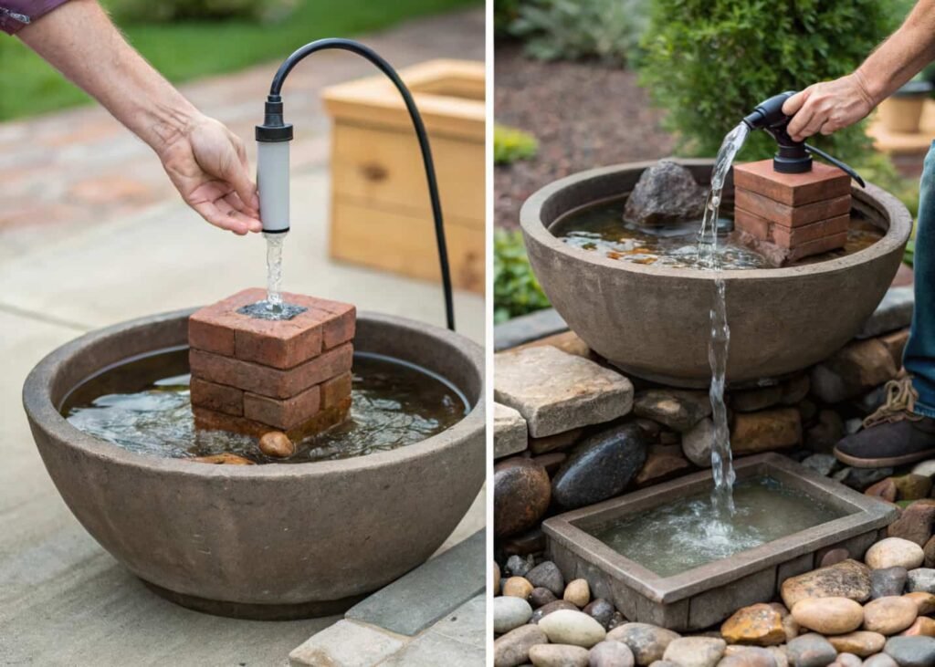 Sequence showing pump and tubing installation steps for a DIY bowl fountain before adding decorative stones.