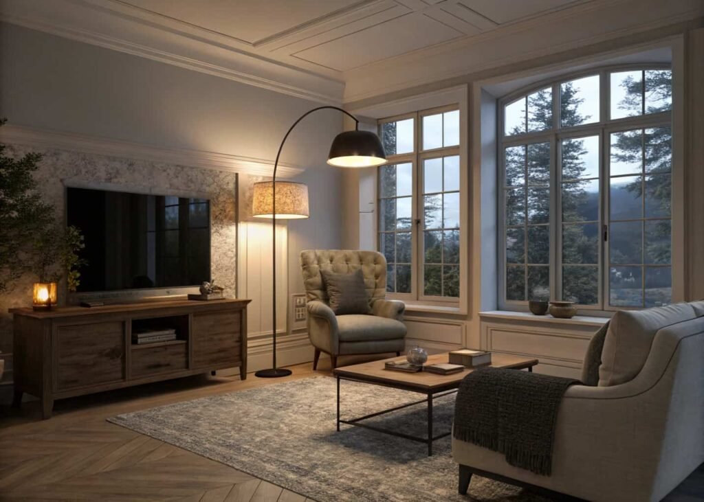 Large living room zoning using layered lighting and rugs.