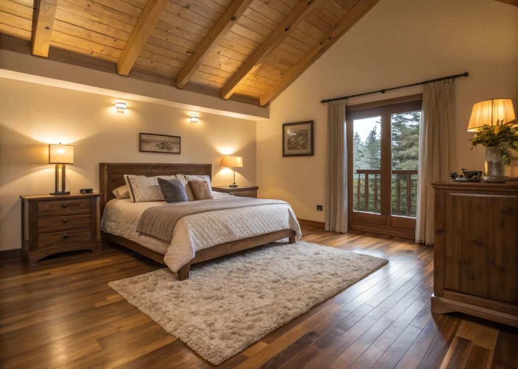 Bedroom flooring with warm area rug at the foot of the bed