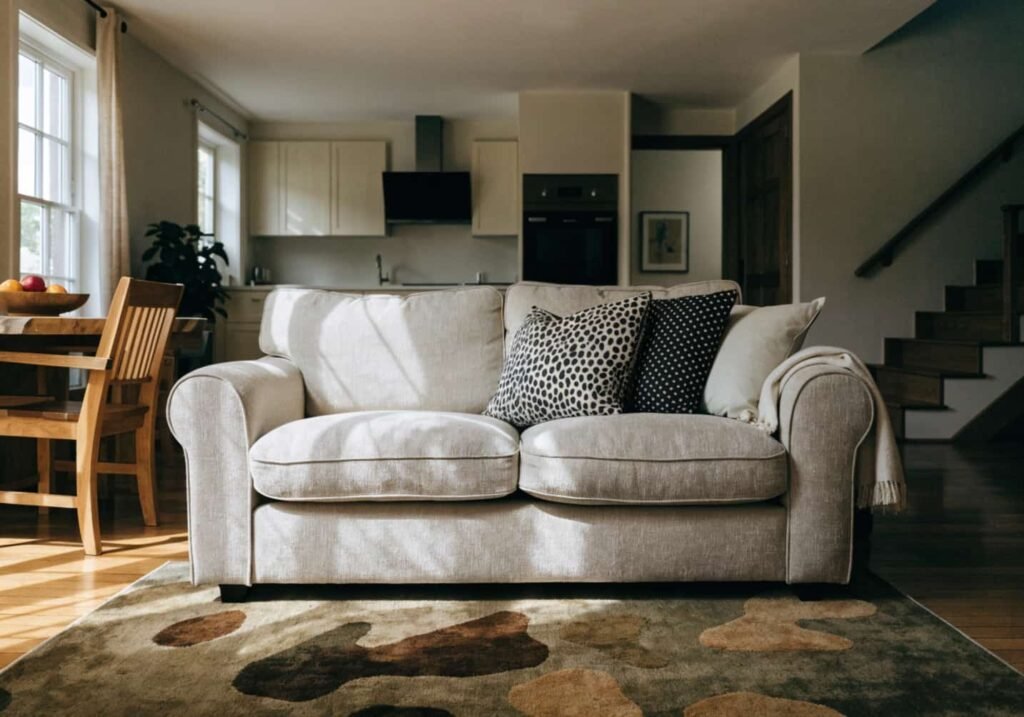 Floating sofa layout separating living room from dining area in open-plan home