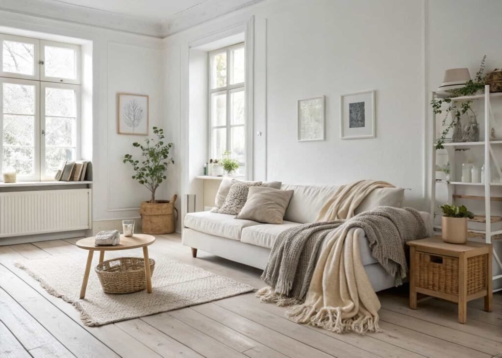 Scandinavian living room with whitewashed oak flooring, white walls, and layered wool textiles on a light sofa.