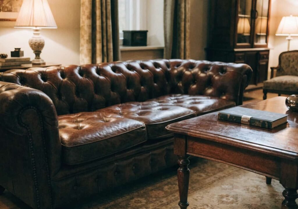 Brown leather Chesterfield couch in a warm, traditional living room setting