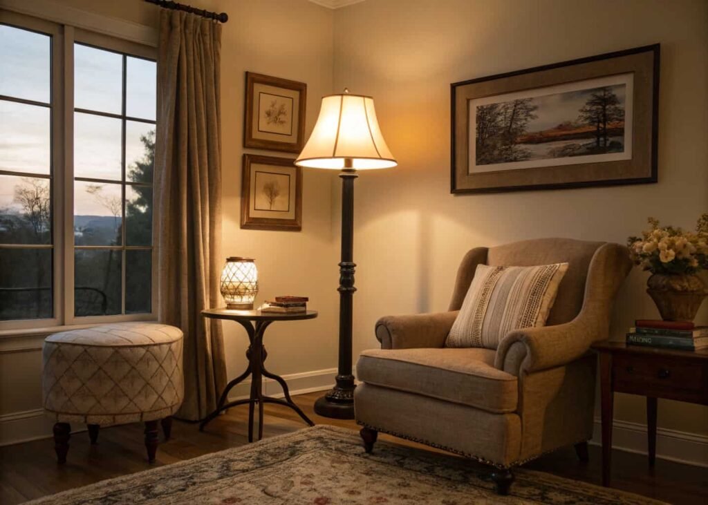 Living room with layered lighting from a floor lamp, table lamp, and accent light.