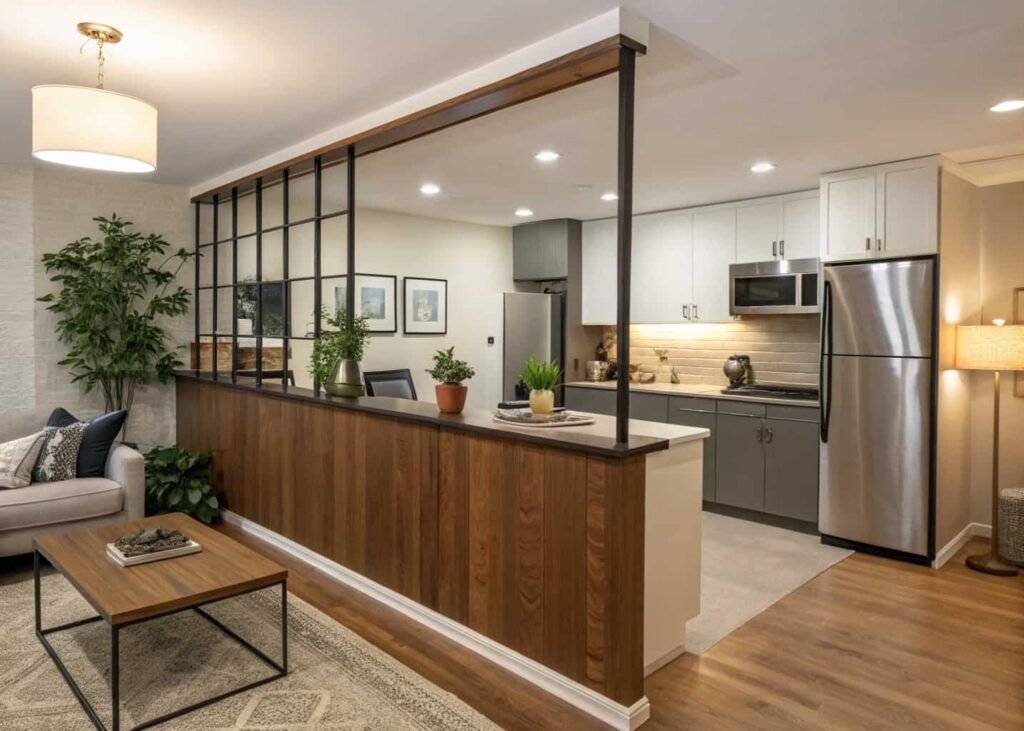 A modern half-wall partition with a wide wooden ledge separating a kitchen from a living room, styled with a small lamp and plants