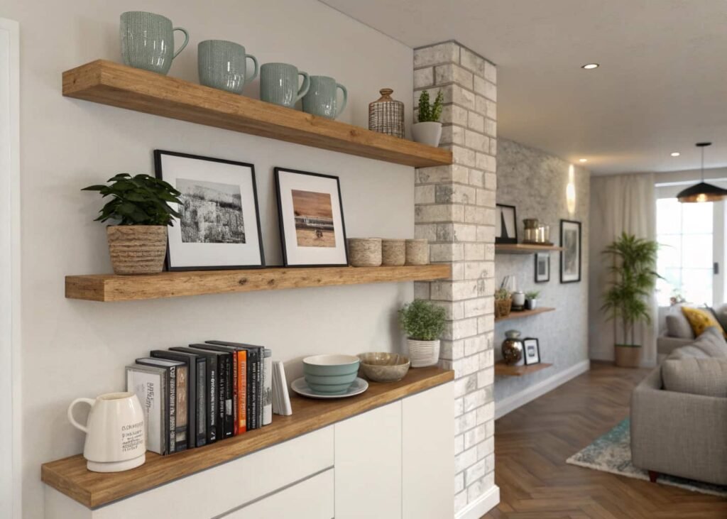 Open shelving unit connecting kitchen storage with living room display items.