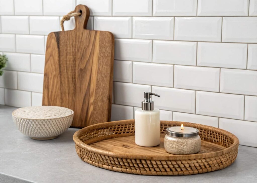Leaning wooden cutting board and rattan tray styled on kitchen counter