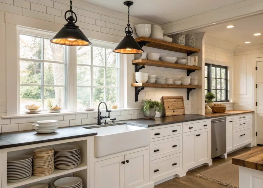 Farmhouse kitchen with white shaker cabinets, apron sink, and open wood shelving