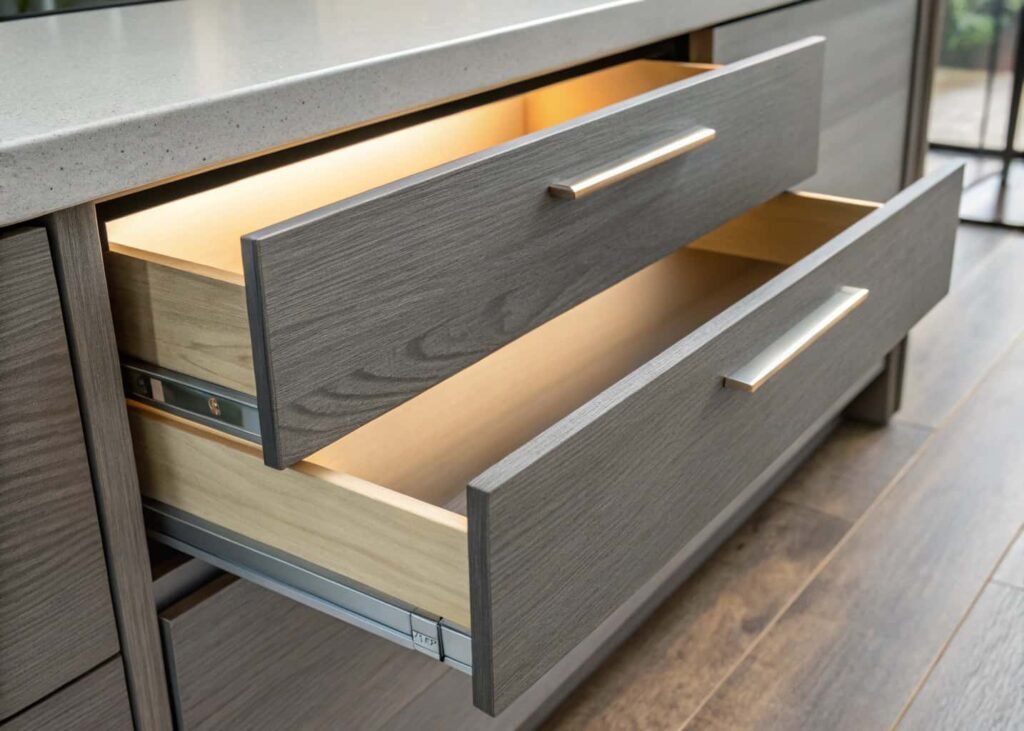 Handle-free cabinet drawer with routed finger-pull channel