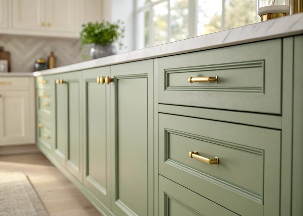 Sage green and cream kitchen cabinet color combination with brass hardware