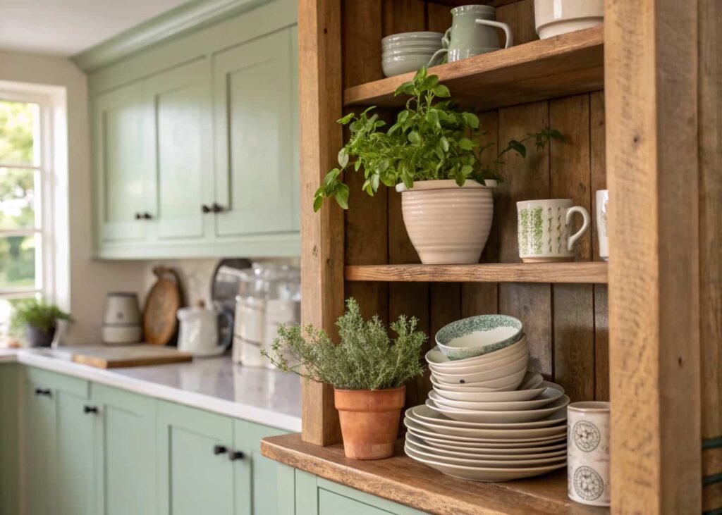 Cottage kitchen shelf with ceramic dishware, herbs, and sage green cabinetry in warm natural light