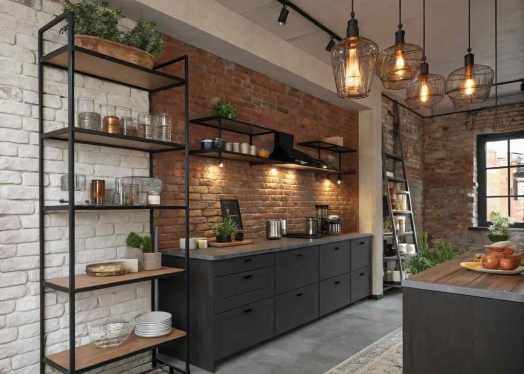 Industrial kitchen with exposed brick and black steel shelving