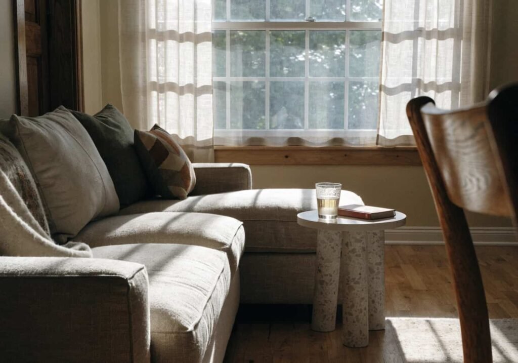 Chaise lounge sectional sofa set up as a cozy relaxation corner