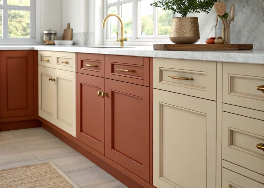 Two-tone terracotta and cream kitchen cabinets showing 2026 warm color palette trend