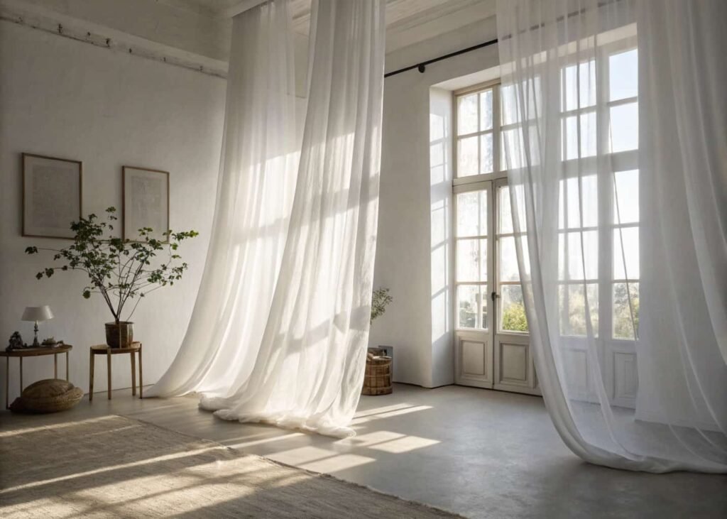 Curtain rod mounted close to the ceiling above a living room window