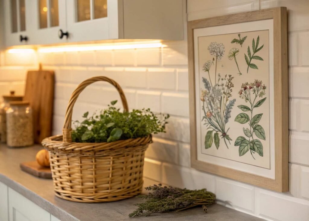 Renter-friendly wall decor hung with adhesive strips in a small kitchen.