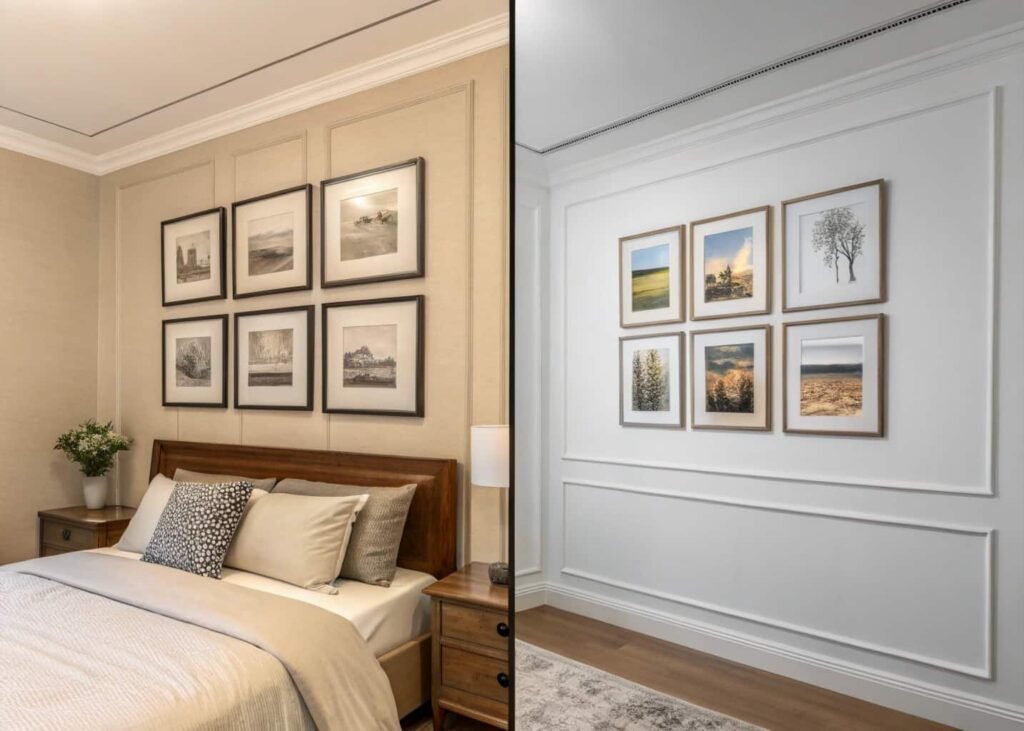 Before and after bedroom wall styled with decor
