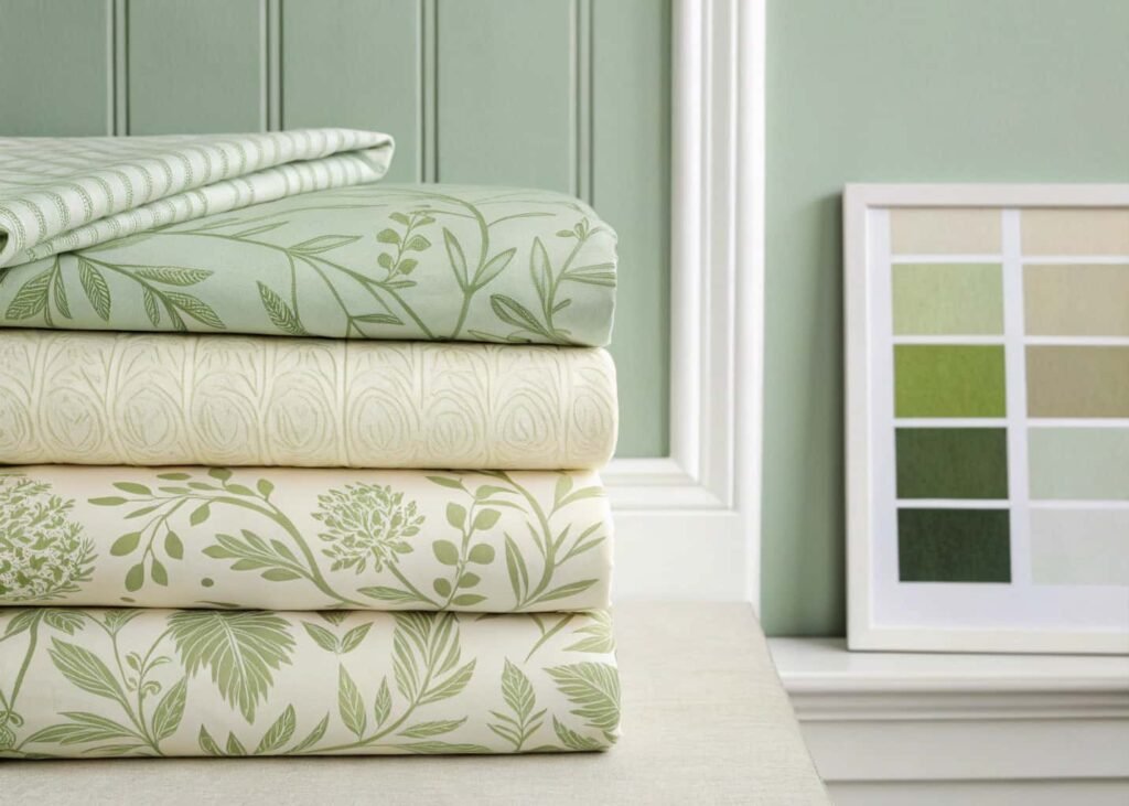 Sage green and cream color palette shown on folded bedroom linens