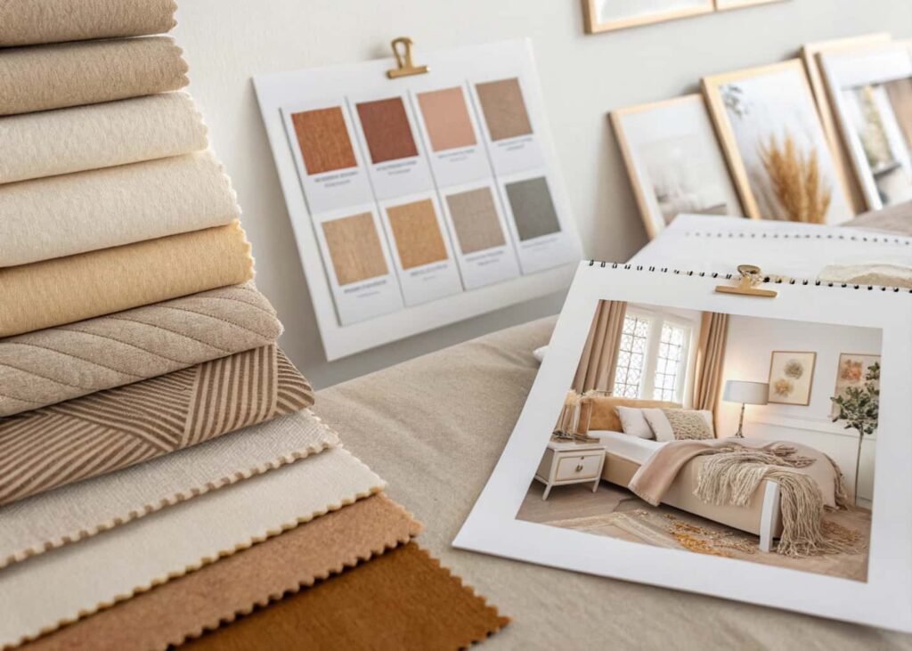 Bedroom mood board with fabric swatches and warm neutral paint chips