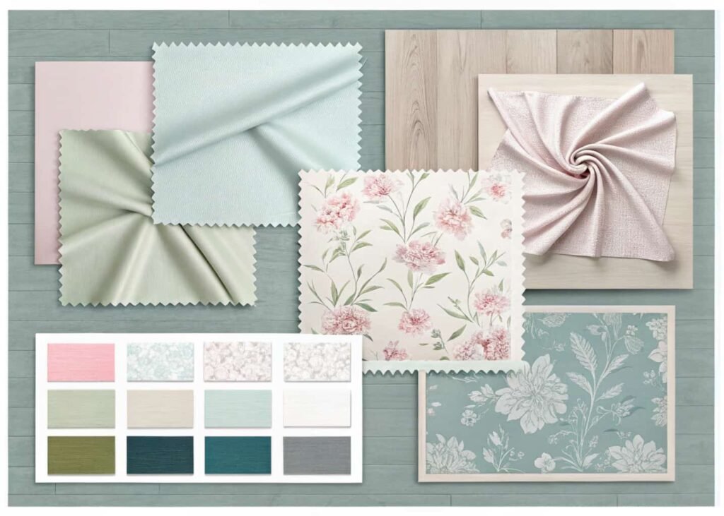 bedroom aesthetic moodboard with color palette and fabric swatches