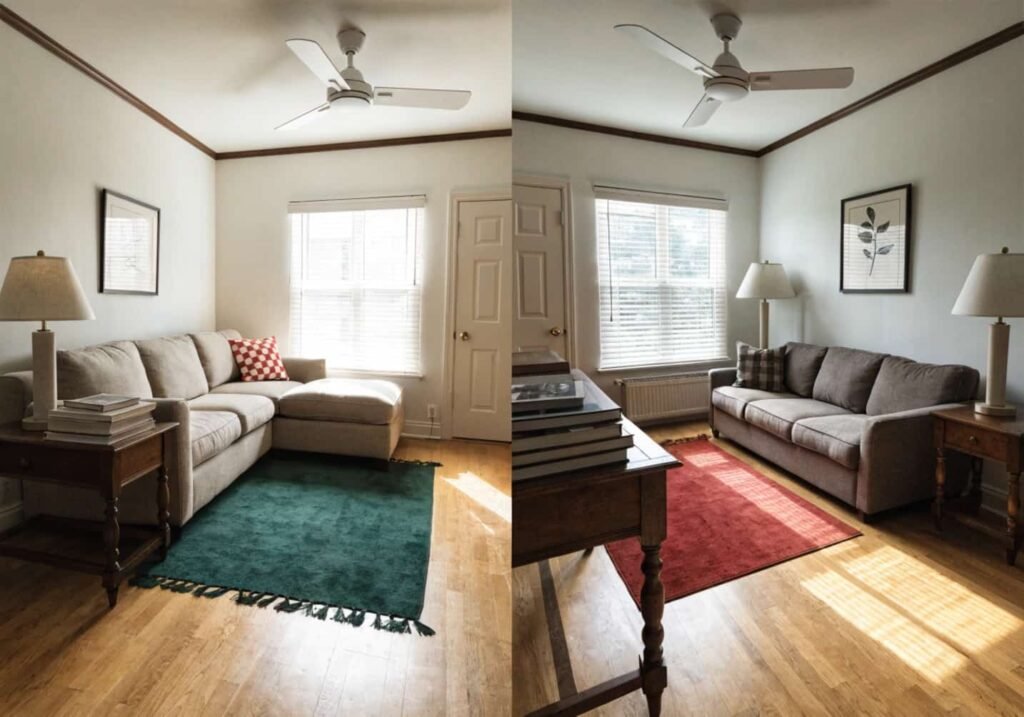 Corner sofa versus straight sofa layout comparison for small living rooms.
