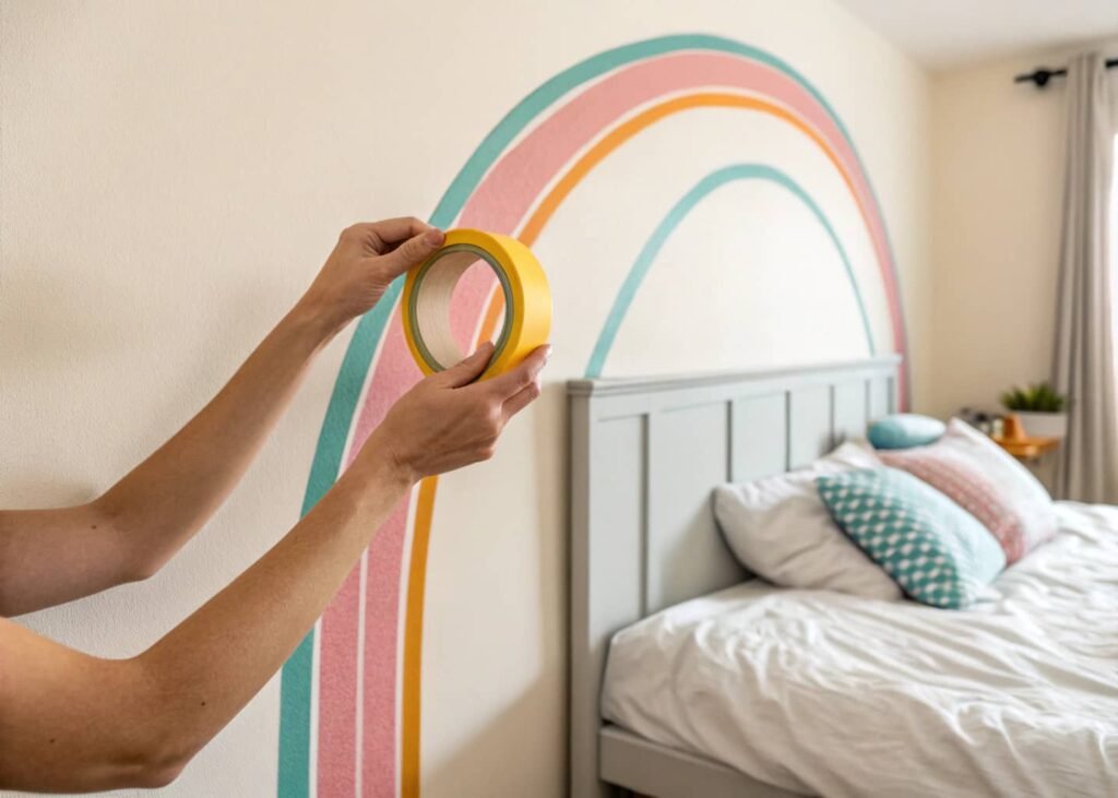 Painter's tape creating an accent arch design on a bedroom wall
