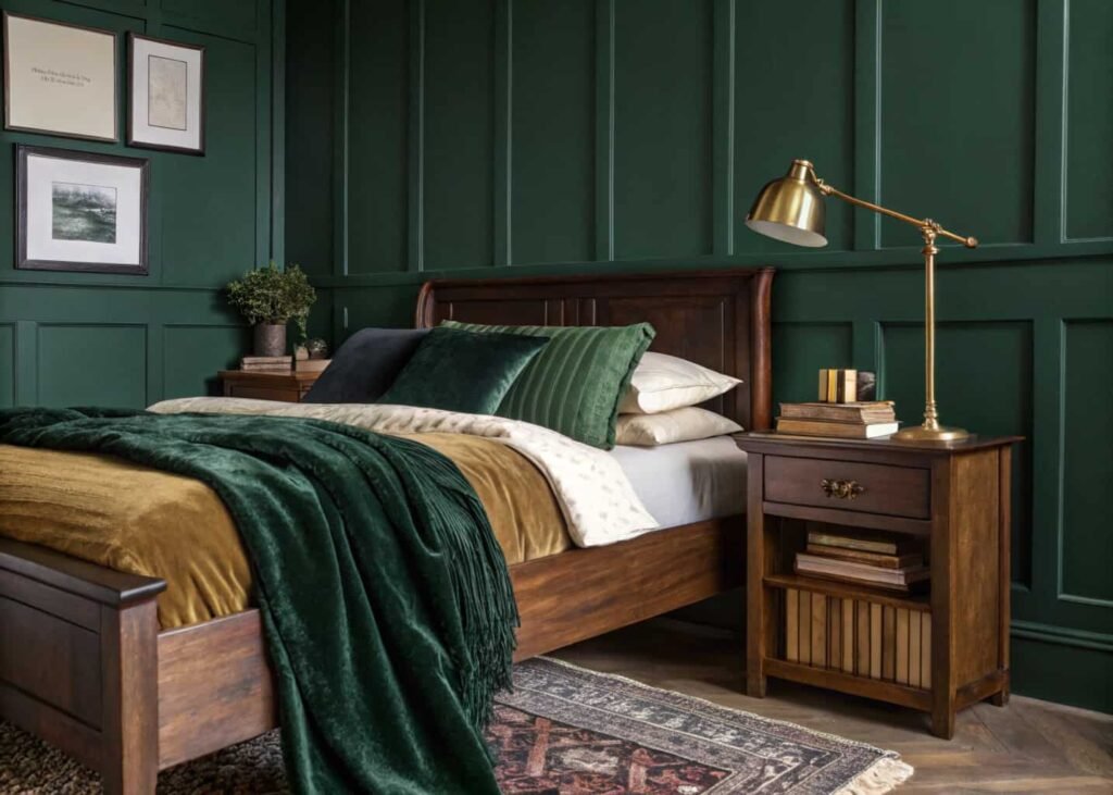 Moody dark academia bedroom with green walls, velvet textiles, and vintage lamp
