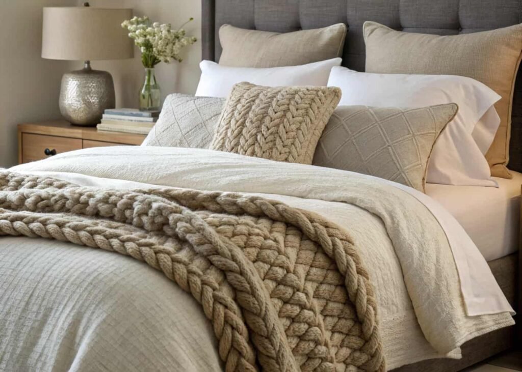 Layered bedding textures with linen duvet, knit throw, and mixed pillows